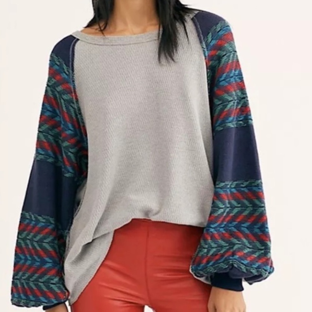 Free People Rainbow Dreams Balloon Sleeve Pullover Top
